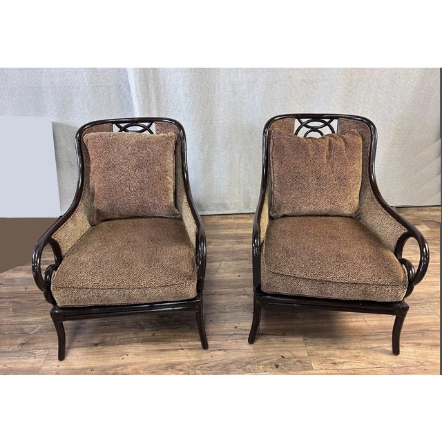 Coastal Pair Vintage Lexington Tommy Bahama Coastal Bamboo Rattan Brown Lounge Chairs For Sale - Image 3 of 6
