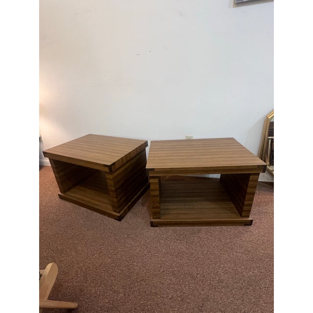 Postmodern 1970s Set of Two Postmodern Cube Side Tables With Brass Corner Brackets For Sale - Image 3 of 12