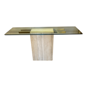 Solid Travertine Brass and Glass Console Table