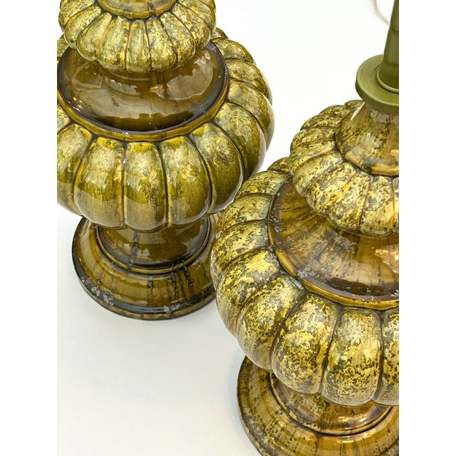 1960s A Large Pair of 1960s Baluster-Form Lobed Chartreuse Drip-Glazed Lamps For Sale - Image 5 of 5