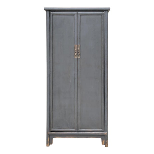 Oriental Weathered Gray Tall Narrow Noodle Cabinet Armoire For Sale