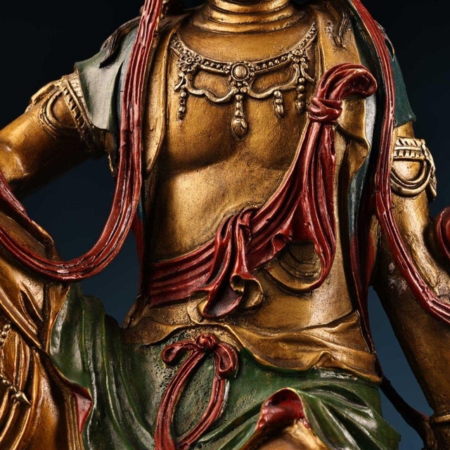 Bronze Painted Gilt‑Bronze Water‑Moon Guanyin Statue, Chinese Free‑Seated Avalokiteshv Figure For Sale - Image 8 of 10