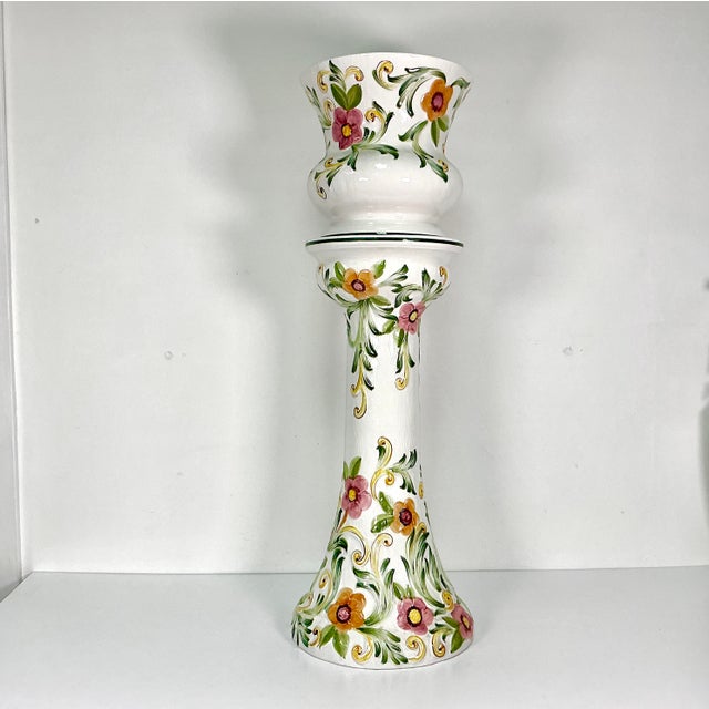 Vintage Majolica Hollywood Regency Art Nouveau Mediterranean Jardine Planter & Stand - Set of 2, Portugal For Sale - Image 4 of 14