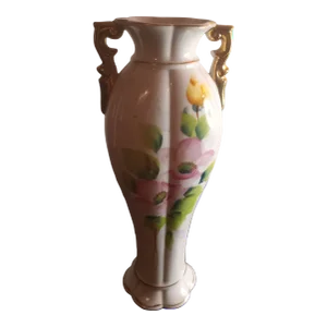 1960s Japanese Hand Painted Floral Dual Handle Decorative Vase