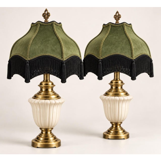 Vintage Neoclassical Cream Urn Lamps With Olive Velvet Fringe Shades - Pair For Sale - Image 10 of 12