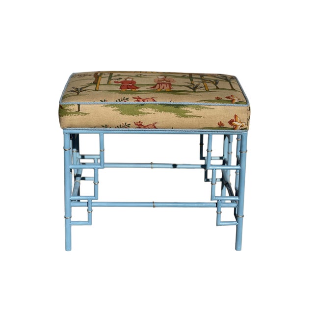Chinese Chippendale Style Bench in Thibaut For Sale - Image 9 of 10