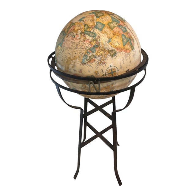 Vintage Replogle LeRoy M. Tolman World Globe on Handmade Wrought Iron Floor Stand For Sale