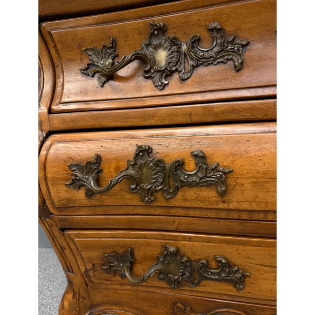 French Country Early 20th Century French Louis XV Style Bombé Cherry Commode, Bronze Hardware, Circa 1920 For Sale - Image 3 of 12
