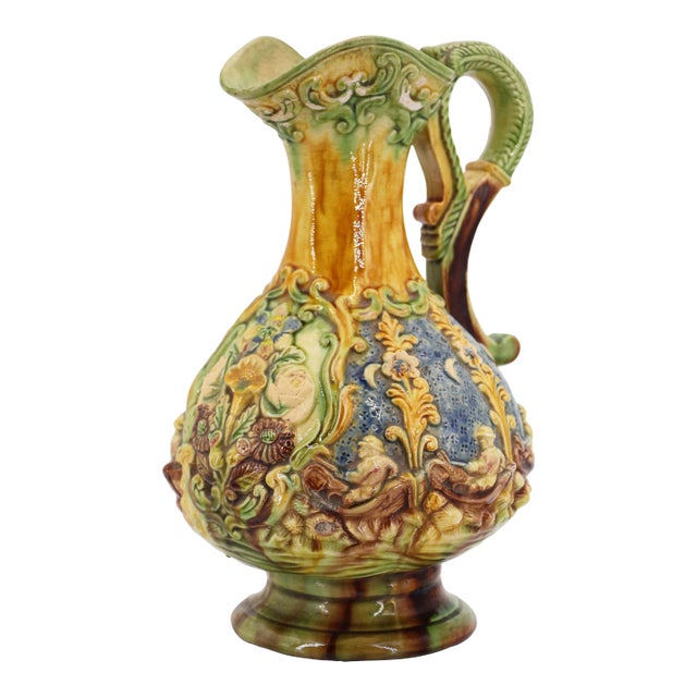 Antique Portuguese Palissy Ware Jug Depicting Fishermen in Boats, Earthenware For Sale