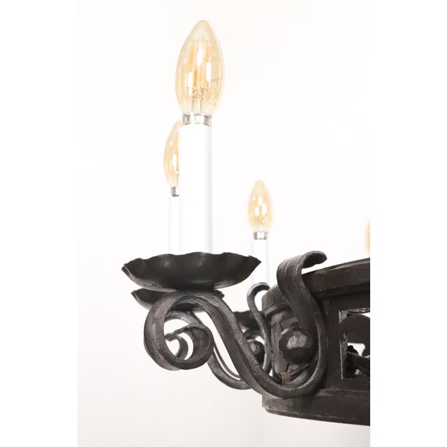Mid 20th Century Restored Gothic Black Wrought Iron Chandelier For Sale In New York - Image 6 of 9