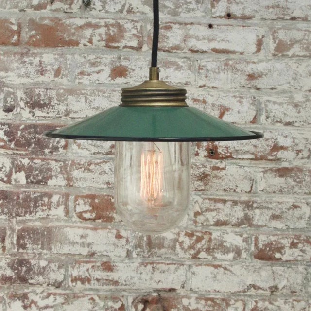 Vintage Petrol Enamel, Brass and Clear Glass Pendant Light For Sale - Image 4 of 5