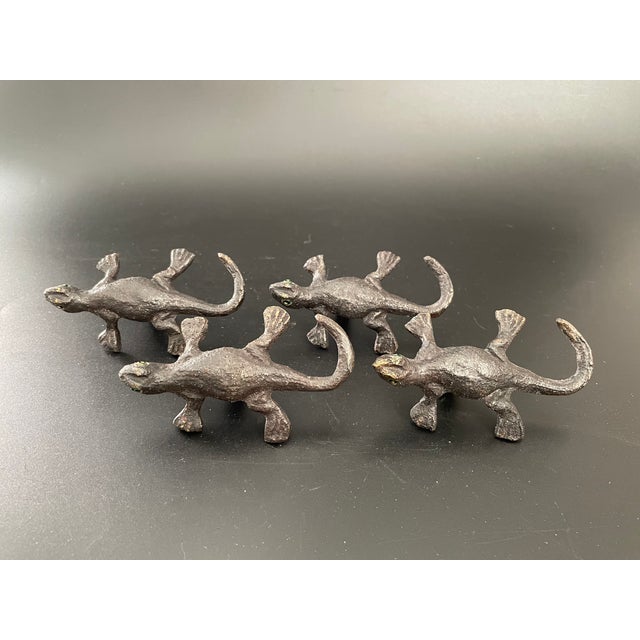 Lot of 4 vintage lizard figural cabinet or drawer knobs, hand crafted from solid brass with enameled eyes. Painted rustic...