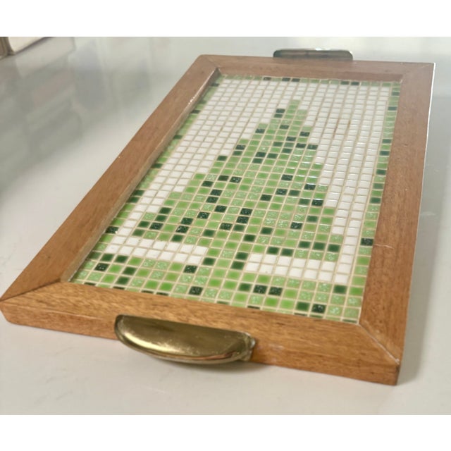 Mid 20th Century Folk Art Holiday Pine Tree Mosaic Tile and Wood Tray With Brass Handles For Sale - Image 5 of 11