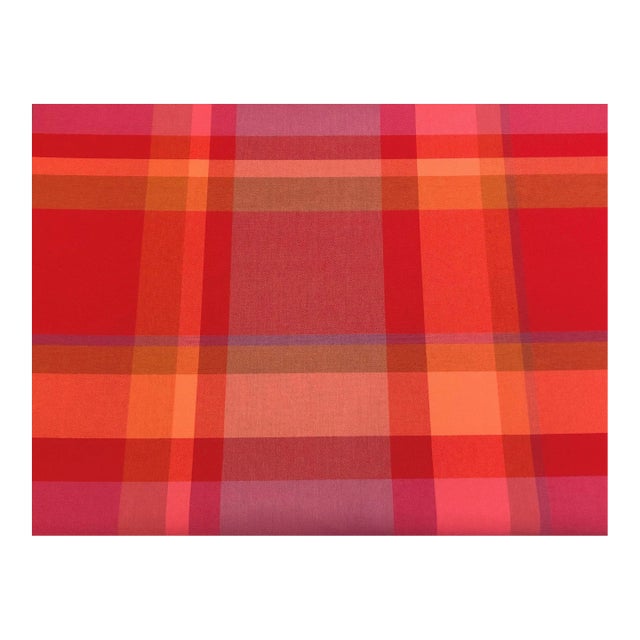 Designer Water & Stain Resistant Indoor Outdoor Red Coral Purple Burnt Orange Plaid Tartan Upholstery Drapery Fabric For Sale