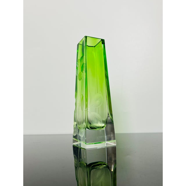 Mid-Century Modern 20th Century Green Uranium Art Glass Vase with Hand-Engraved Floral Décor from Moser Karlsbad, Czechoslovakia For Sale - Image 3 of 11