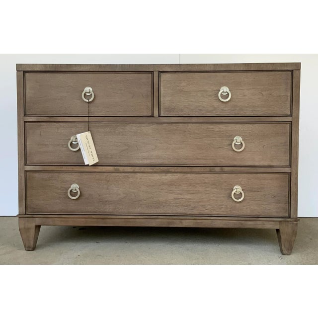 Original Retail $6540, stylish Hickory White Modern Taupe Wood Chest of Drawers, four drawers, silver finished metal...