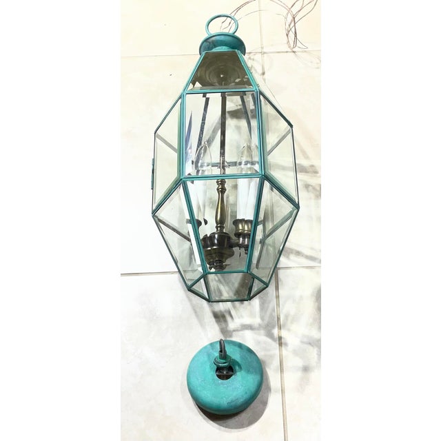 Vintage Hexagonal Solid Brass Hanging Lantern / Foyer Pendant Light 24”h X 10” W For Sale - Image 18 of 18