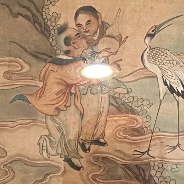 Chinese Antique Chinese Republic Painting Silk Daoist Immortals Crane Hua Yan Style For Sale - Image 3 of 6