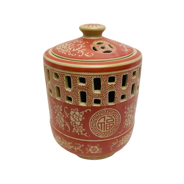 Vintage Chinese 8.5” Incense Burner Lantern Perfume Burner Asian Lidded Vase. Preowned condition. Coral pink and beige in...