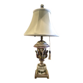 Vintage Italian Porcelain Figural Hand Painted Gilt Table Lamp With Shade For Sale
