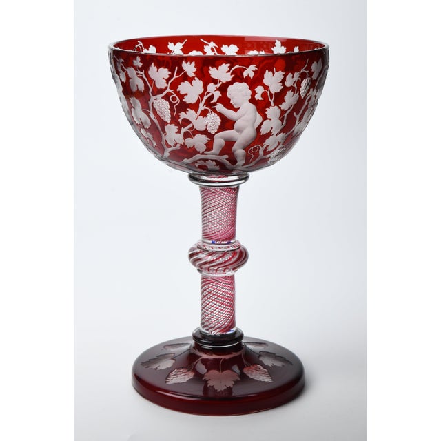 19th Century Cranberry Cut and Engraved Glass Chalice With Twist Knop Stem For Sale - Image 4 of 10