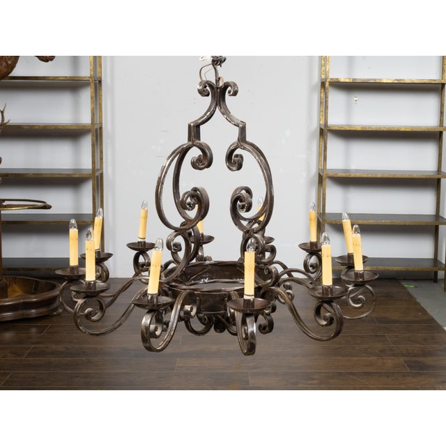 Metal Mid 20th Century Mid Century Modern French Steel 12-Light Chandelier with Scrolls and Dark Patina For Sale - Image 7 of 12
