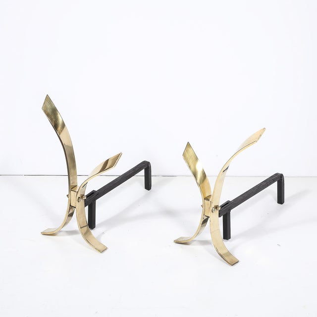 Pair of Mid-Century Modernist Andirons in Polished Brass by Donald Deskey For Sale - Image 10 of 10