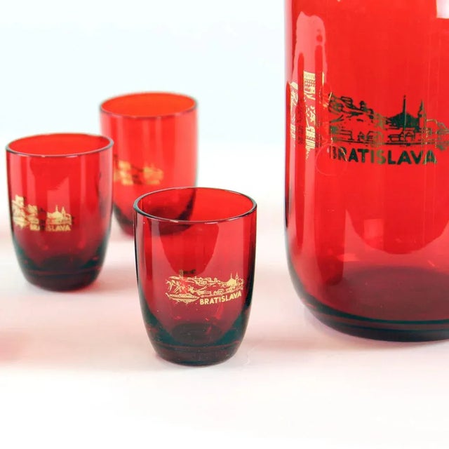 Mid-Century Alcohol Bottle & Shot Set in Red Glass, Czechoslovakia, 1960s, Set of 7 For Sale - Image 6 of 9
