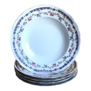 Antique Set of 5 Furstenberg Germany Blue Pink Floral Gold Accent Soup Bowls