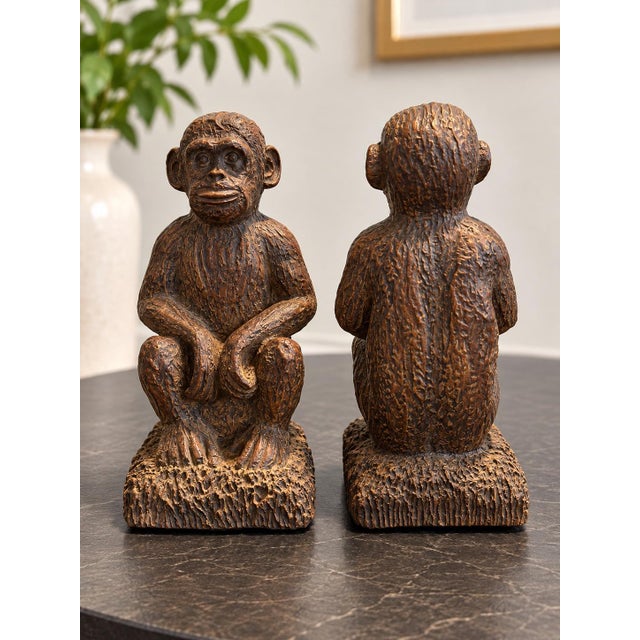 Mid-Century Modern Vintage Melannco Chimpanzee Monkey Bookends – Faux Bronze Finish – Set of 2 For Sale - Image 3 of 4