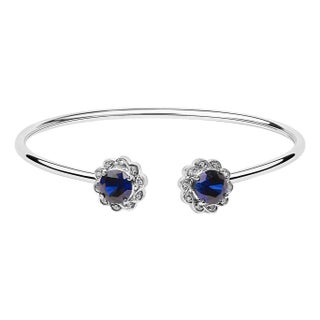 Sterling Silver Diamond Accent Created Blue Sapphire Floral Design Bangle Bracelet For Sale