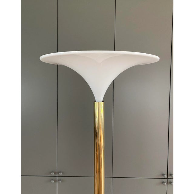 Vintage Italian brass and white plastic shade Goffredo Reggiani torchiere floor lamp from the 1970s.