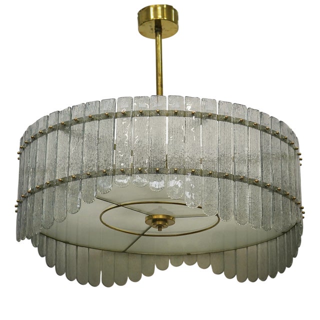 Mid-Century Style Round Murano Glass and Brass Chandelier, 2000s For Sale