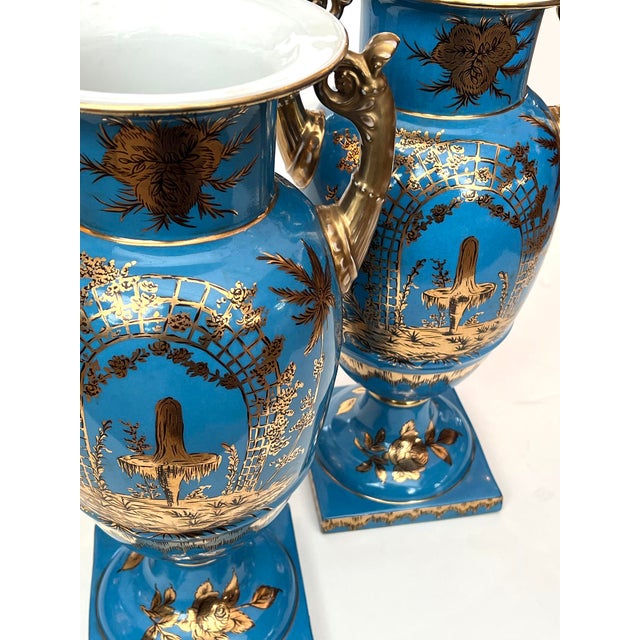 Pair of French Paris Porcelain Chinoiserie Gilt and Cerulean Blue Ground Vases For Sale - Image 15 of 15