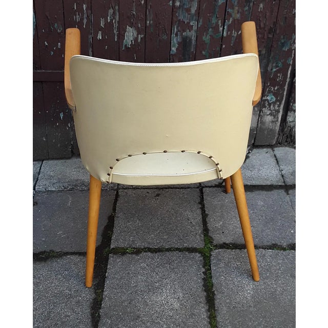 Berger-Shaped Armchair with Rounded Backrest in Light Beech with Yellow Vinyl & White Piping, 1960s For Sale - Image 3 of 6