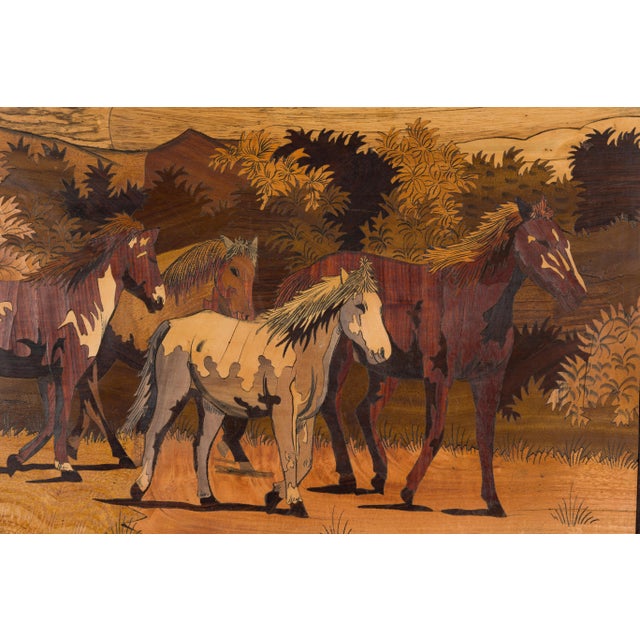 Brown Vintage Inlaid Wood Framed Painting Depicting Four Horses in a Landscape For Sale - Image 8 of 12