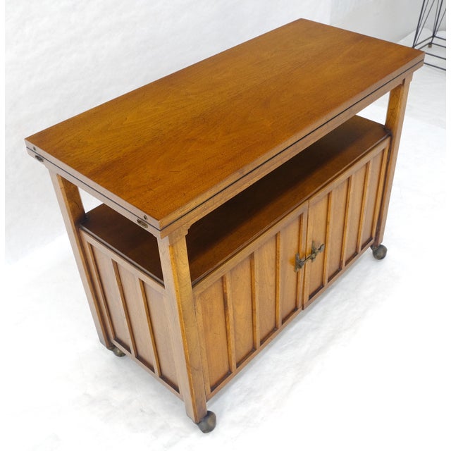 Wood Flip Top Balck Formica Serving Cabinet Server on Wheels Mid Century c1970s MINT For Sale - Image 7 of 18