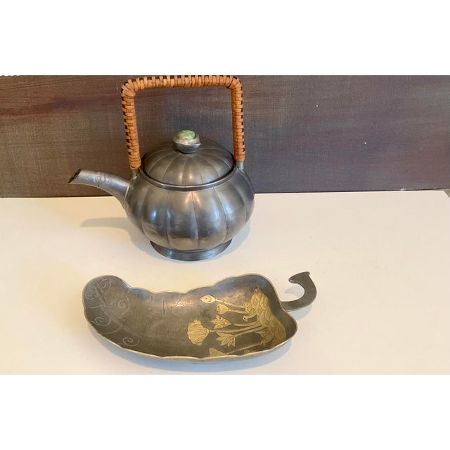 Vintage Art Deco Pewter Set, Teapot & Lotus Leaf Dish - Set of 2 For Sale - Image 13 of 13