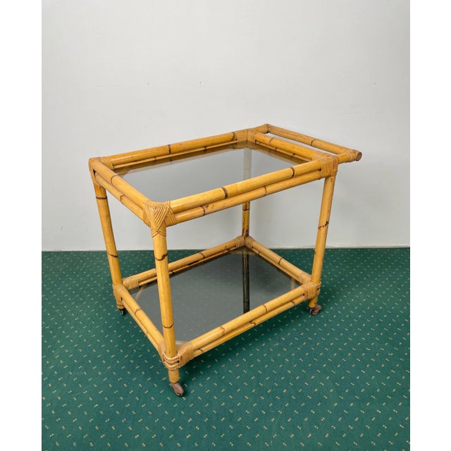 Bamboo Rattan & Smoked Glass Bar Serving Cart Trolley, Italy, 1960s For Sale - Image 15 of 16