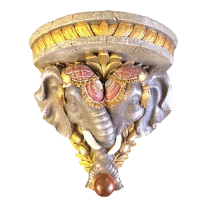 Vintage Double Elephant Head Jeweled Carved Wall Sconce Shelf Wall Bracket