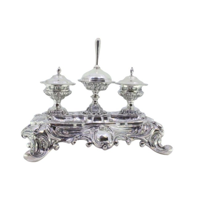 Silver Relief Silver and Glass Inkwell with Engraved Plant Motifs, Bell Base with Reliefs and Feet For Sale - Image 8 of 8