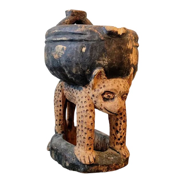 Whimsical Yoruba Peoples West African Carved Leopard Divination Bowl Primitive Tribal Art Figural Vessel For Sale