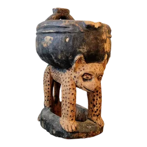 Whimsical Yoruba Peoples West African Carved Leopard Divination Bowl Primitive Tribal Art Figural Vessel