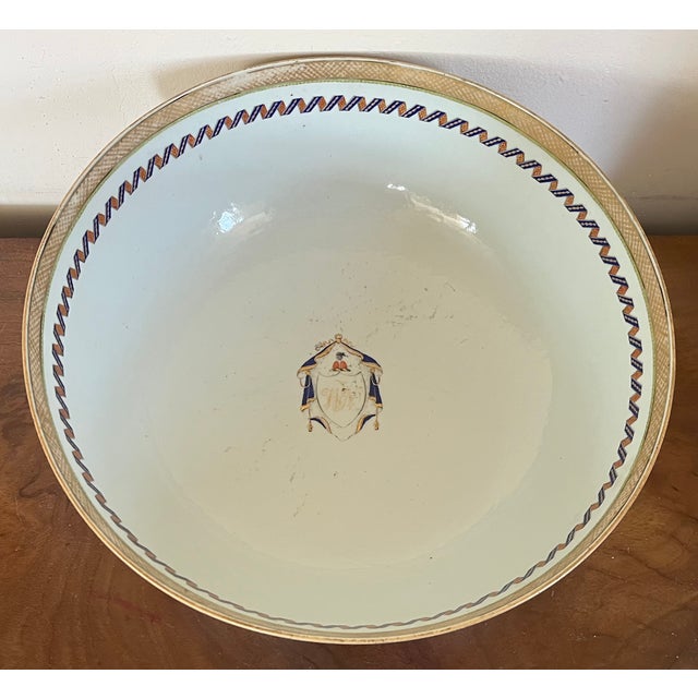 18th Century Large Antique 18th Century Chinese Export Famille Rose Porcelain Punch Bowl Decorated With Flowers, Fruit and Butterflies For Sale - Image 5 of 12