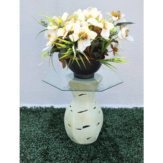 A small sweet little ceramic leaf design side table base in a very pale green color with pale yellow accents. The base can...