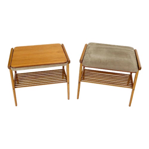Pair of Danish Teak Mid-Century Modern Flip Top Tables Suede Benches