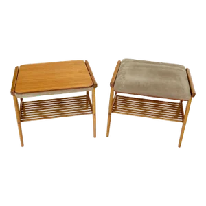 Pair of Danish Teak Mid-Century Modern Flip Top Tables Suede Benches