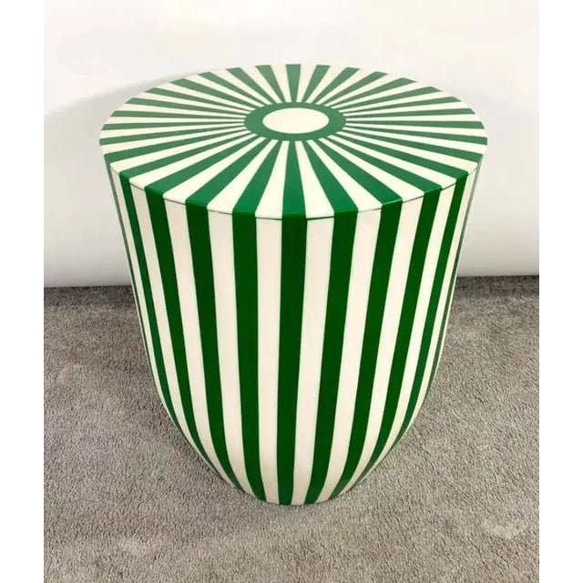 Green Art Deco Style Green & White Cylindrical Resin Side, End Table or Stool, a Pair For Sale - Image 8 of 11