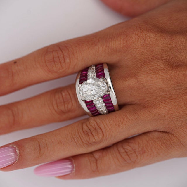 Gia 4.43 Carat Oval G/I1 Diamond & Cabochon Ruby Platinum Vintage Ring, Size 8 For Sale - Image 9 of 10