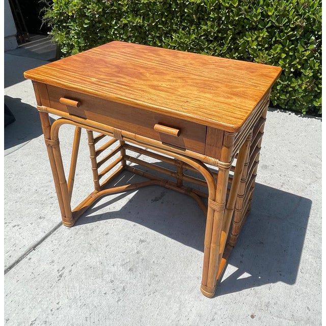 Paul Frankl Vintage Stacked Rattan Desk or Entry Table, Paul Frankl Style For Sale - Image 4 of 14